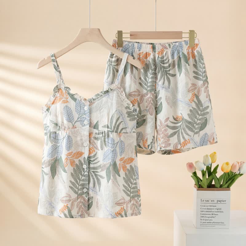 Set pigiama senza maniche con motivo a foglie botaniche - Beige - 2XL - image 0