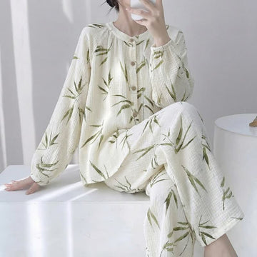 Set pigiama in cotone con stampa botanica di bambù - Beige - XL - image 0