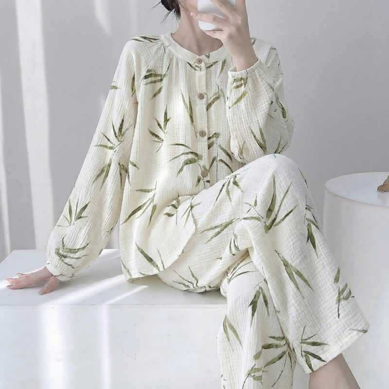 Set pigiama in cotone con stampa botanica di bambù - Beige - XL - image 0