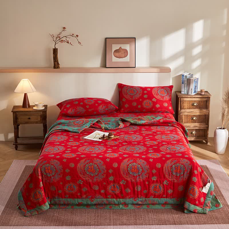 Trapunta jacquard retrò in garza di cotone con motivo di buon auspicio - Set di biancheria da letto - Matrimoniale Grande - image 0
