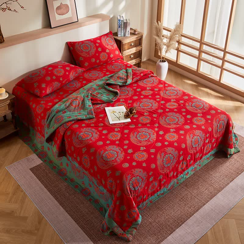 Trapunta jacquard retrò in garza di cotone con motivo di buon auspicio - image 3