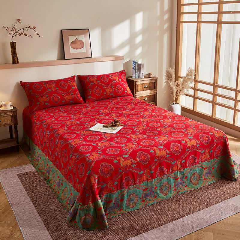 Trapunta vintage in garza di cotone con motivo jacquard di cavalli - Lenzuolo piano con 2 federe - 245cm x 250cm - image 8