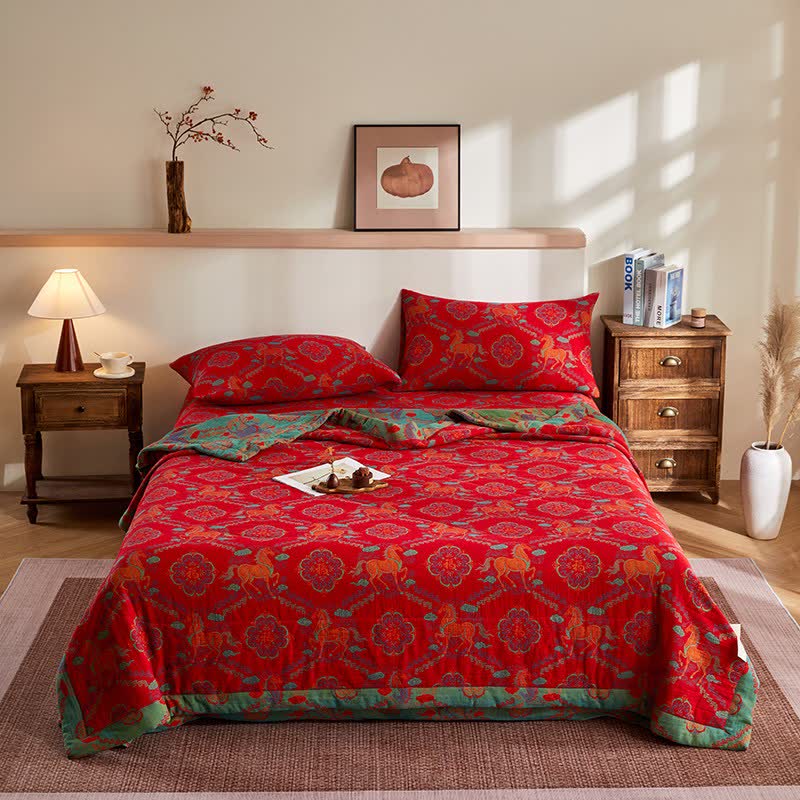 Trapunta vintage in garza di cotone con motivo jacquard di cavalli - image 1