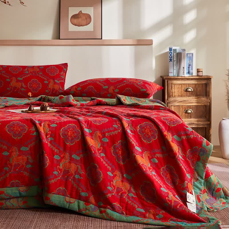Trapunta vintage in garza di cotone con motivo jacquard di cavalli - image 3