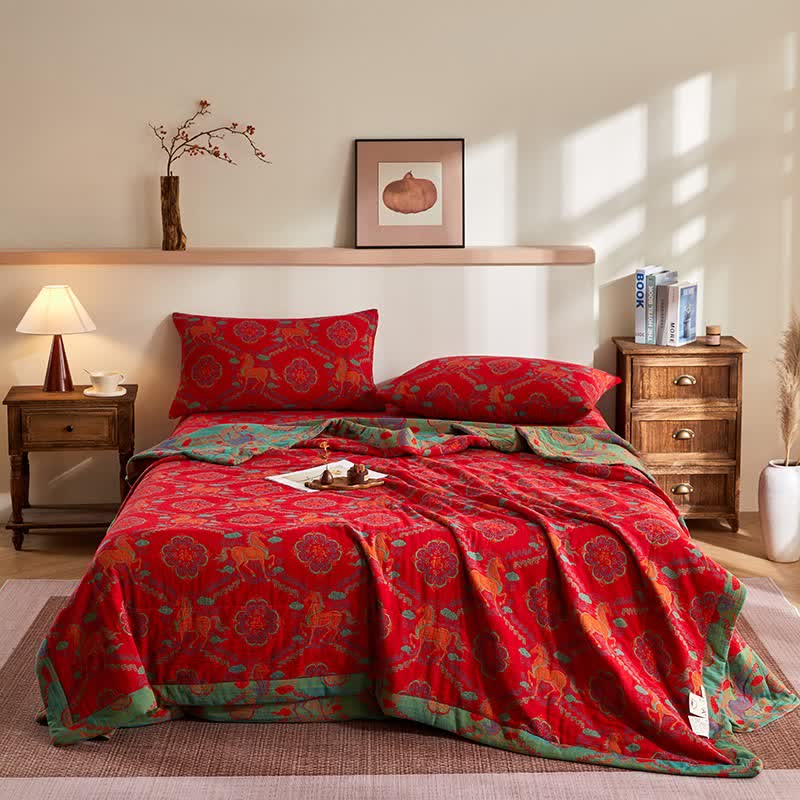 Trapunta vintage in garza di cotone con motivo jacquard di cavalli - Set di biancheria da letto - Matrimoniale Grande - image 0