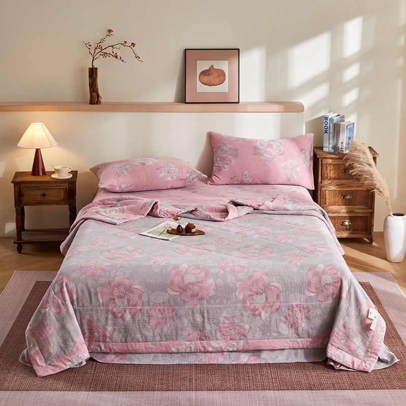 Trapunta jacquard rustica in garza di cotone con motivo floreale - image 1