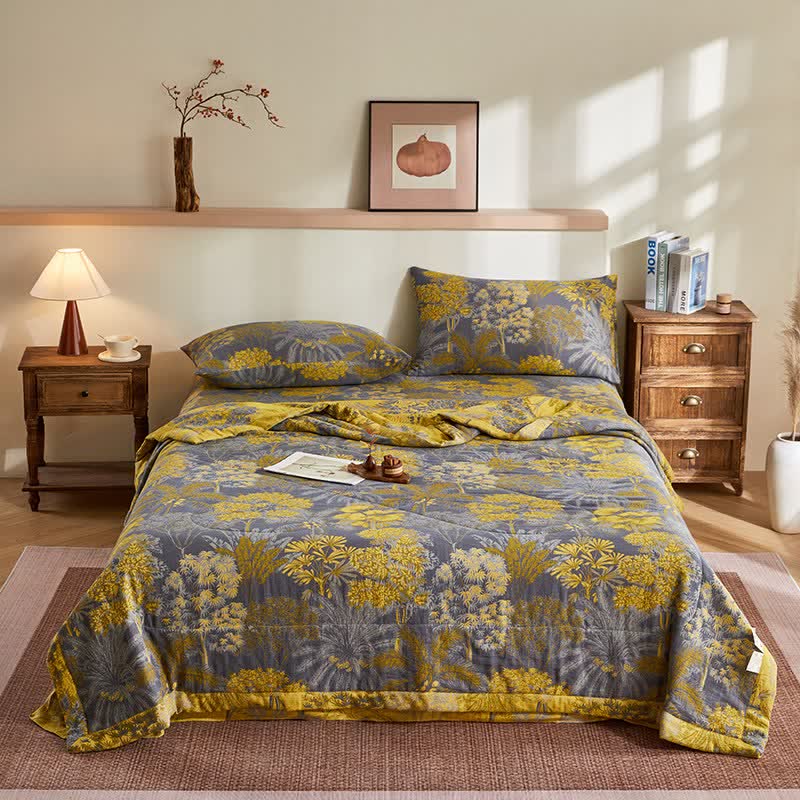 Trapunta jacquard con motivo botanico ad albero in garza di cotone - image 1