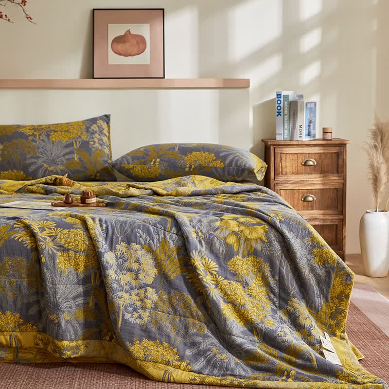 Trapunta jacquard con motivo botanico ad albero in garza di cotone - image 3