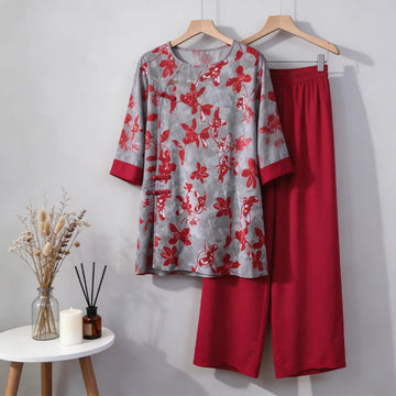 Completo da casa vintage con stampe floreali e ispirazione orientale. - Rosso - M - image 0
