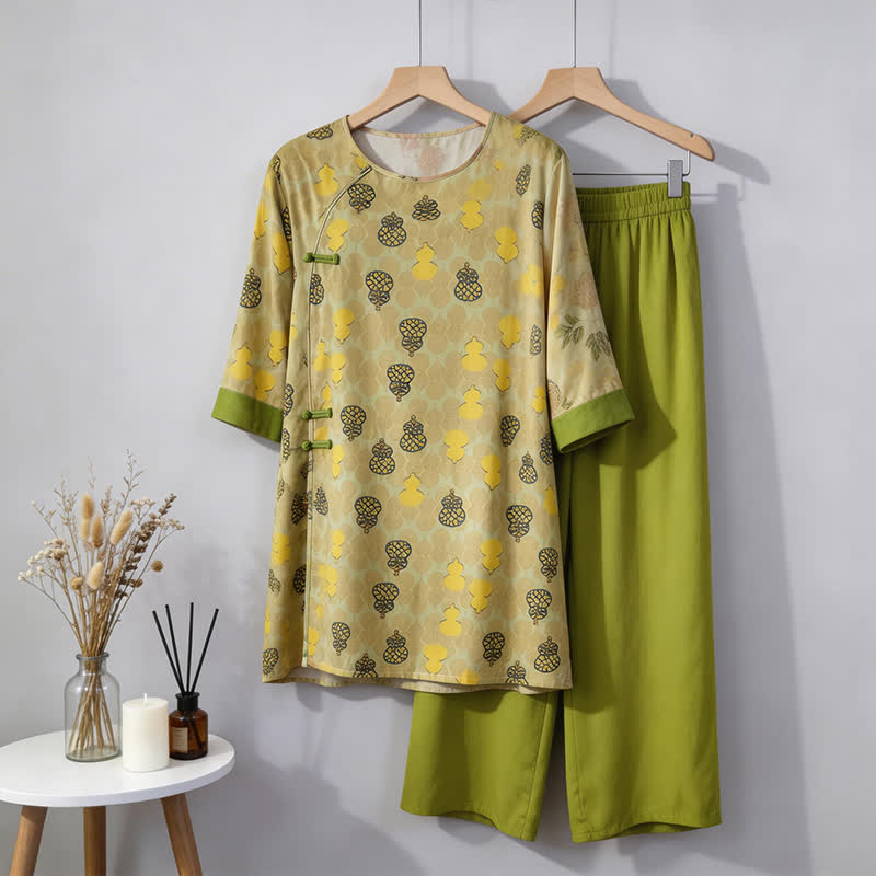 Completo da casa con stampa a zucca, ispirato allo stile orientale. - Verde - M - image 7