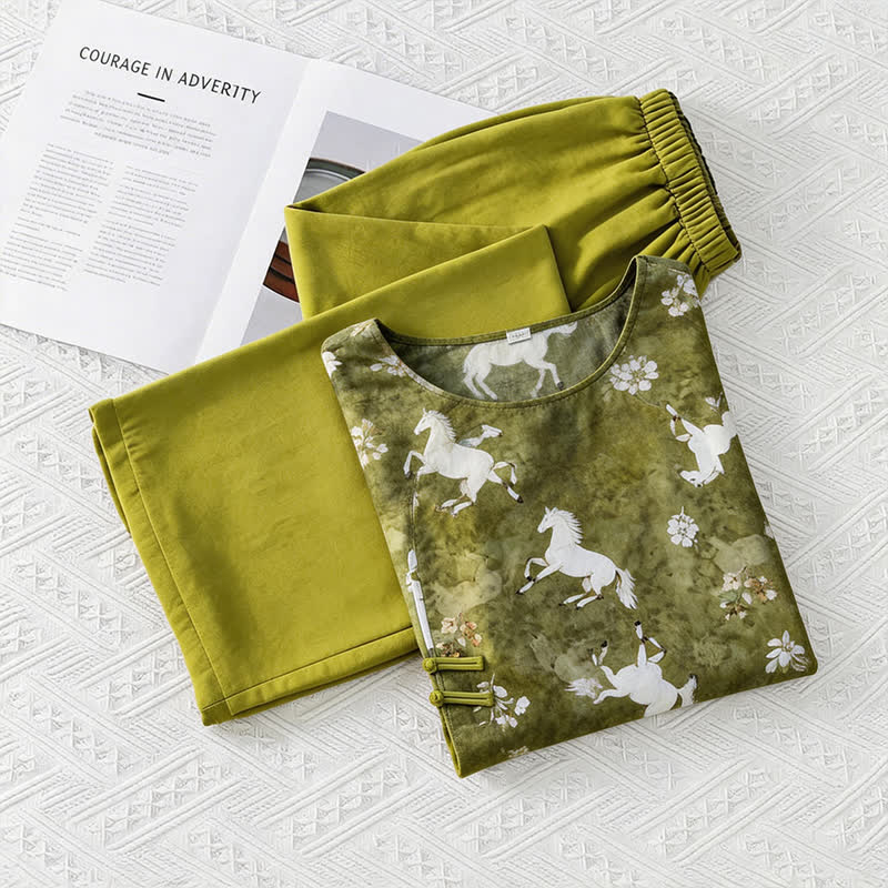 Completo da casa con stampa di cavalli, ispirato allo stile orientale. - image 9
