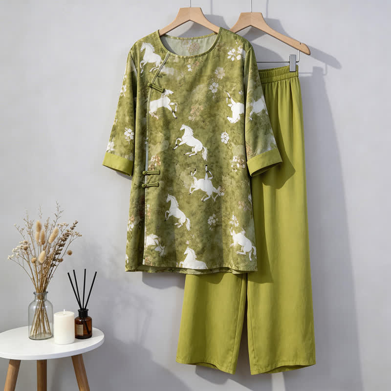 Completo da casa con stampa di cavalli, ispirato allo stile orientale. - Verde - M - image 0