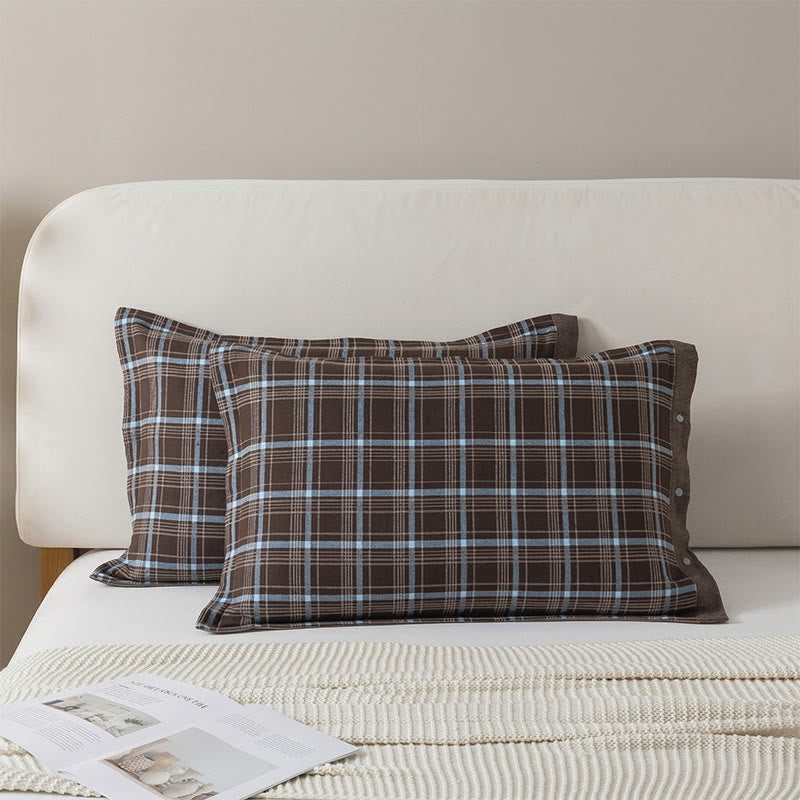 Federe classiche a quadri in puro cotone con bottoni (2 pezzi) - Marrone e Blu - 52 cm x 76 cm - image 4