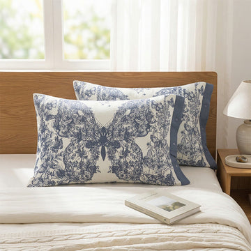 Federe in cotone con motivo floreale e farfalle (2 pezzi) - Blu - 52 cm x 76 cm - image 0