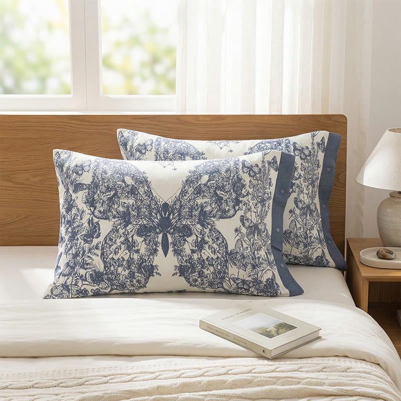 Federe in cotone con motivo floreale e farfalle (2 pezzi) - Blu - 52 cm x 76 cm - image 0