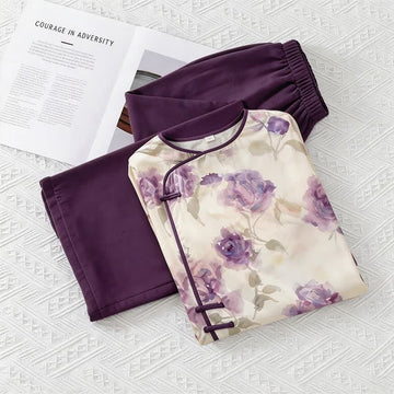 Set pigiama con stampa floreale viola ad acquerello, ispirato allo stile orientale. - Viola - M - image 0