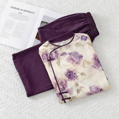 Set pigiama con stampa floreale viola ad acquerello, ispirato allo stile orientale. - Viola - M - image 0