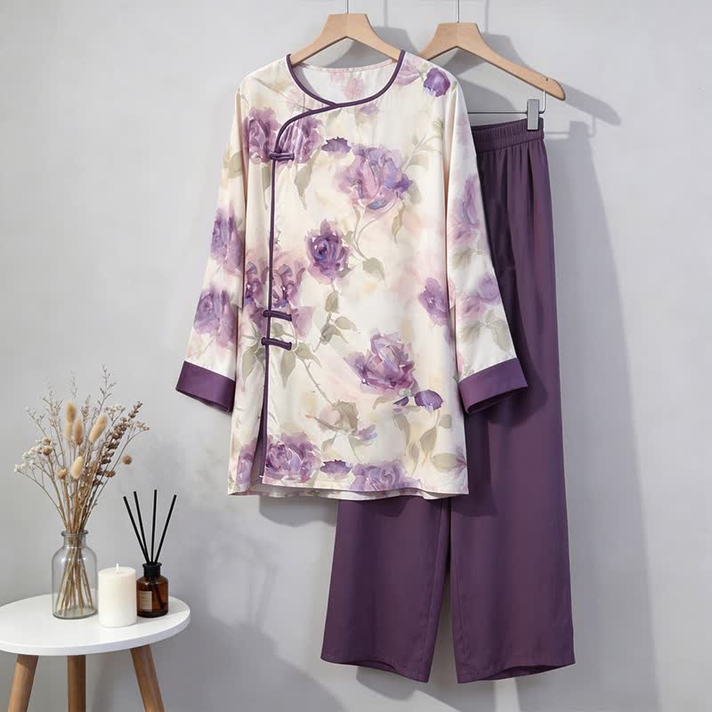 Set pigiama con stampa floreale viola ad acquerello, ispirato allo stile orientale. - image 5