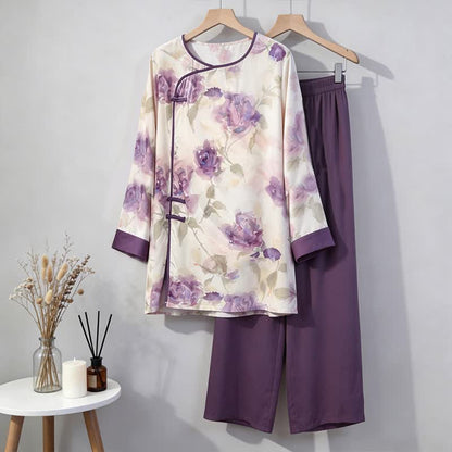Set pigiama con stampa floreale viola ad acquerello, ispirato allo stile orientale. - image 5