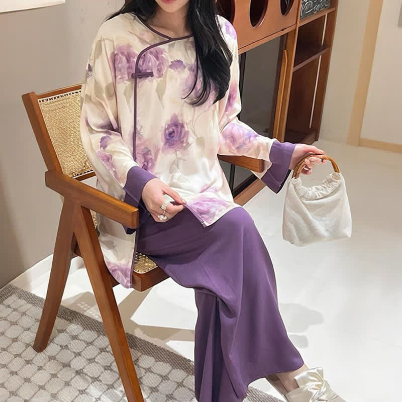 Set pigiama con stampa floreale viola ad acquerello, ispirato allo stile orientale. - image 2