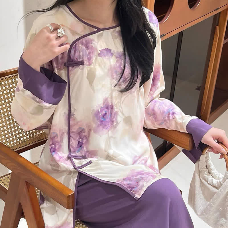 Set pigiama con stampa floreale viola ad acquerello, ispirato allo stile orientale. - image 3