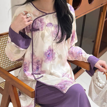 Set pigiama con stampa floreale viola ad acquerello, ispirato allo stile orientale. - image 3