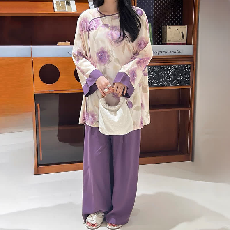 Set pigiama con stampa floreale viola ad acquerello, ispirato allo stile orientale. - image 4