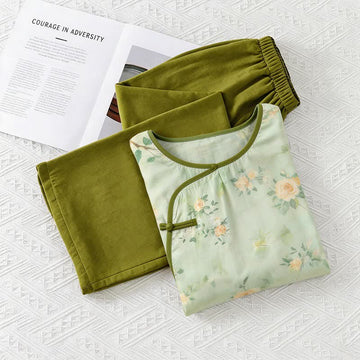 Completo pigiama con motivi floreali freschi e ispirazione orientale - Verde - M - image 0