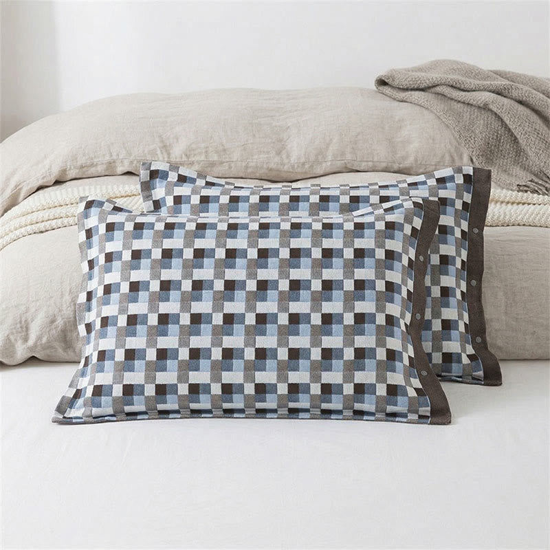 Federe in puro cotone con motivo a griglia e bottoni (2 pezzi) - Blu e marrone - 52 cm x 76 cm - image 2