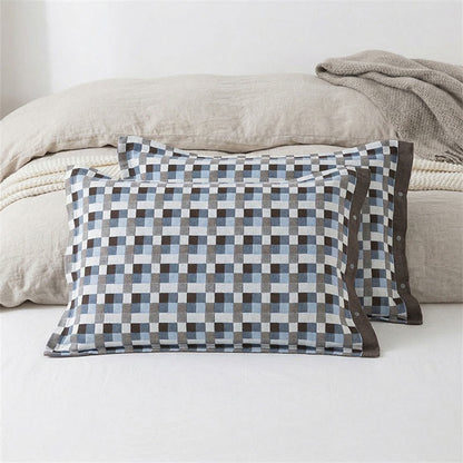 Federe in puro cotone con motivo a griglia e bottoni (2 pezzi) - Blu e marrone - 52 cm x 76 cm - image 2