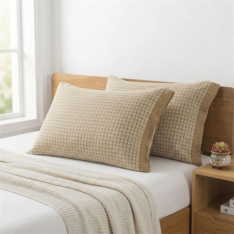 Mini federe in cotone a quadri con bottoni (2 pezzi) - Verde e beige - 52 cm x 76 cm - image 2