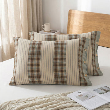 Federe a righe scozzesi in puro cotone (2 pezzi) - Blu e marrone - 52 cm x 76 cm - image 0
