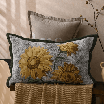 Federe in puro cotone jacquard con motivo a girasoli (2 pezzi) - Giallo e grigio - 80 cm x 54 cm - image 0