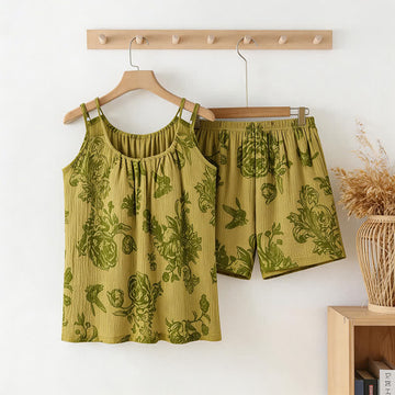 Pigiama vintage con canotta e pantaloncini a fantasia floreale e uccellini - Verde - 2XL - image 0
