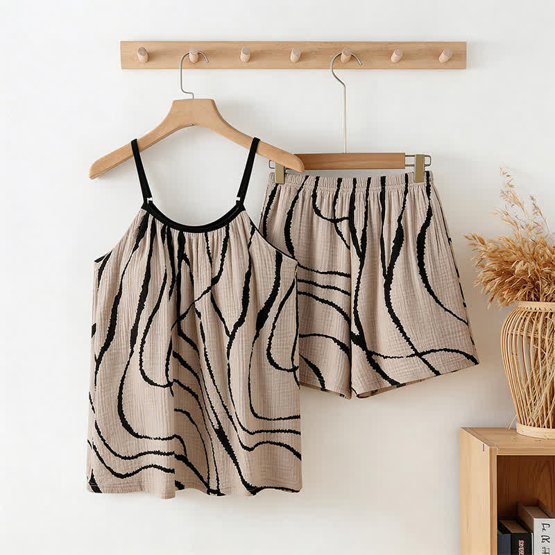 Pigiama in garza di cotone con motivo a onde artistiche - Nero e beige - 2XL - image 0