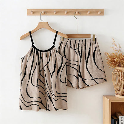Pigiama in garza di cotone con motivo a onde artistiche - Nero e beige - 2XL - image 0