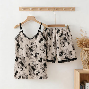 Pigiama in cotone nero con canotta e pantaloncini a fantasia floreale - Bianco e nero - 2XL - image 0