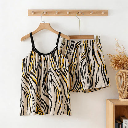 Pigiama a canotta in garza di cotone a righe tigrate - Nero e beige - 2XL - image 0