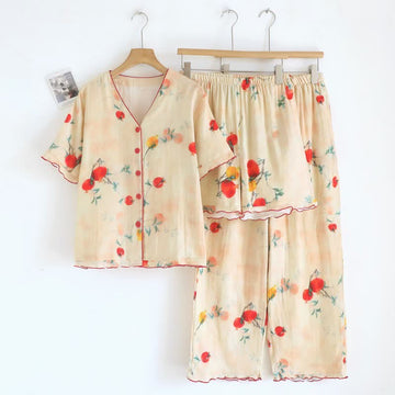 Set pigiama in cotone con scollo a V e stampa melograno (3 pezzi) - Beige - XL - image 0