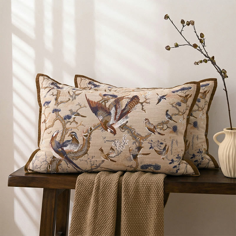 Federe jacquard con motivo Uccelli del Paradiso (2 pezzi) - Marrone e Blu - 80 cm x 54 cm - image 0