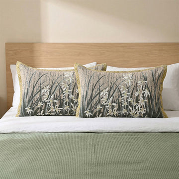Federe in cotone con bottoni e motivo floreale di orchidee (2 pezzi) - Verde e giallo - 80 cm x 54 cm - image 0