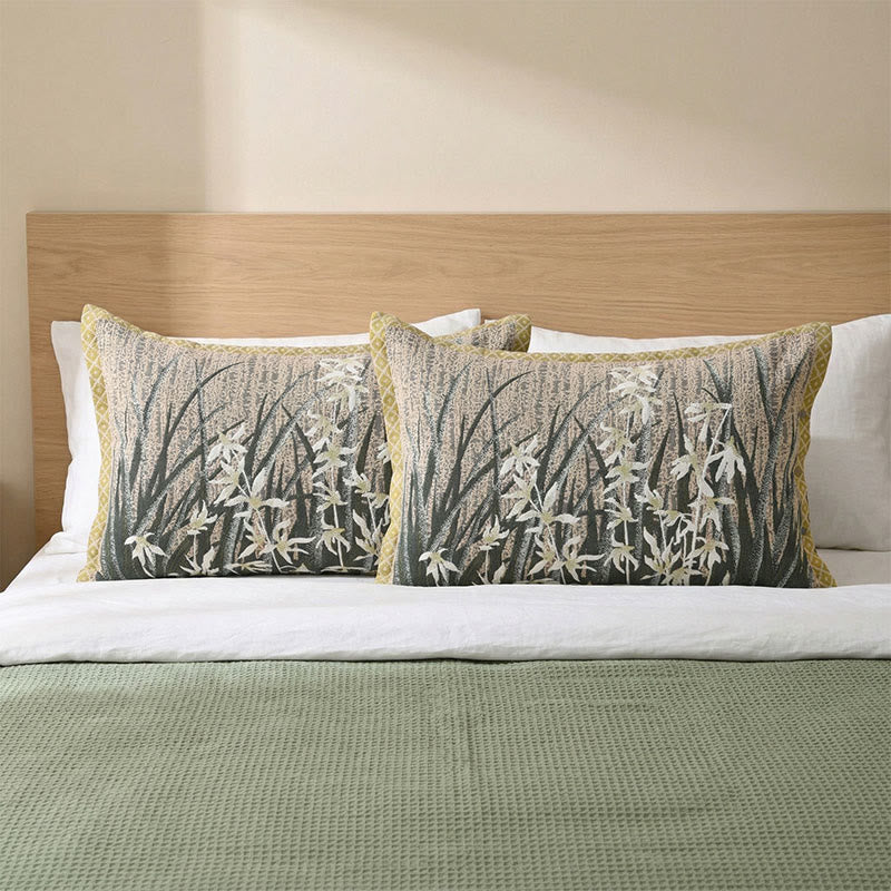 Federe in cotone con bottoni e motivo floreale di orchidee (2 pezzi) - Verde e giallo - 80 cm x 54 cm - image 0