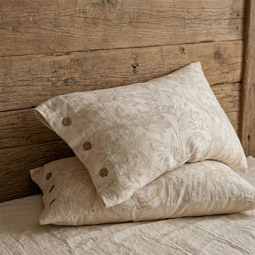 Federe rustiche in lino con bottoni e stampa floreale (2 pezzi) - Marrone chiaro - 48 cm x 74 cm - image 0