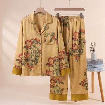 Set pigiama di lusso con motivo floreale e foglie verdi - Giallo - XL - image 0