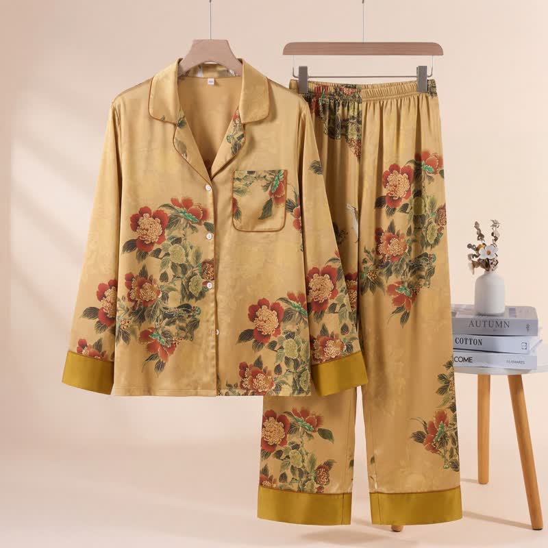 Set pigiama di lusso con motivo floreale e foglie verdi - Giallo - XL - image 0