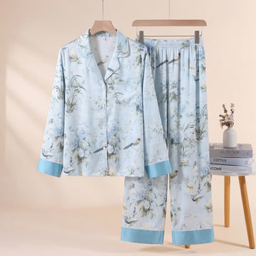 Elegante pigiama con stampa floreale e di uccelli - Blu - XL - image 0