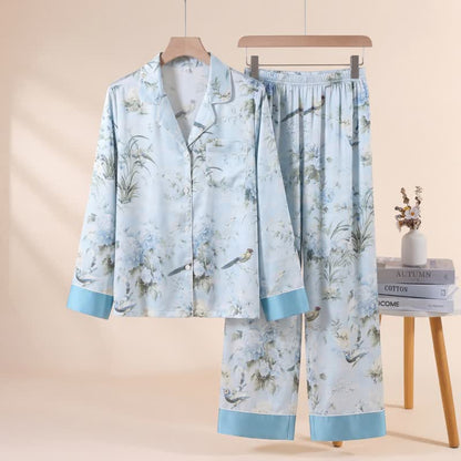 Elegante pigiama con stampa floreale e di uccelli - Blu - XL - image 0