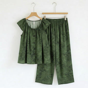 Completo da casa verde con stampa floreale e maniche a volant - Verde - 2XL - image 0