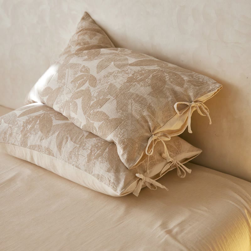 Federe jacquard con motivo a foglie botaniche (2 pezzi) - Marrone chiaro - 48 cm x 74 cm - image 0
