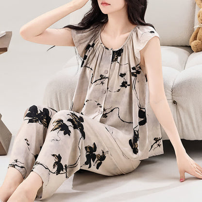 Elegante completo da casa con stampa floreale in stile inchiostro. - Beige - 2XL - image 1